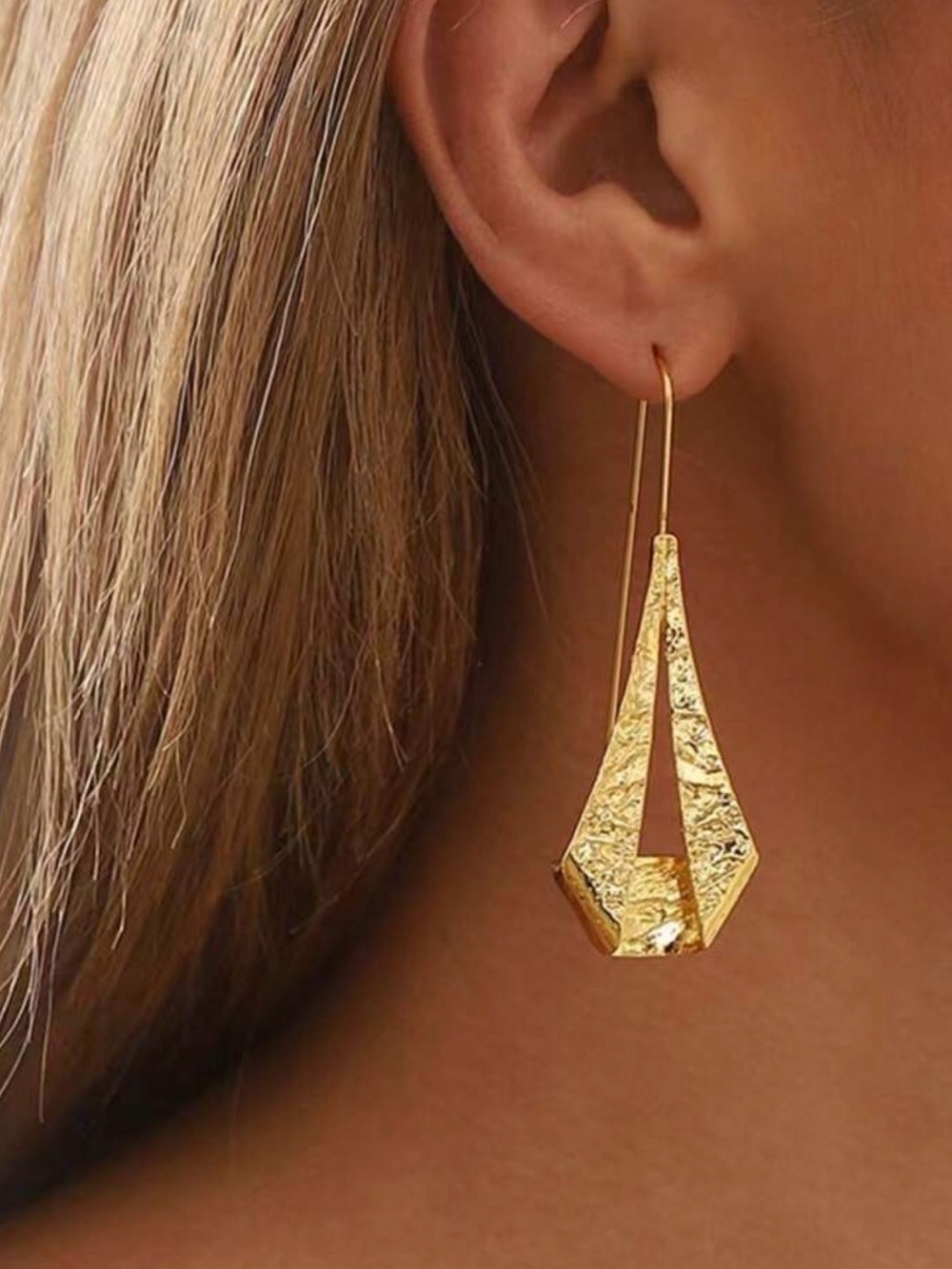 Polished Gold Folded Teardrop Dangle Earrings - Women Jewelry - Picture 2 of 4